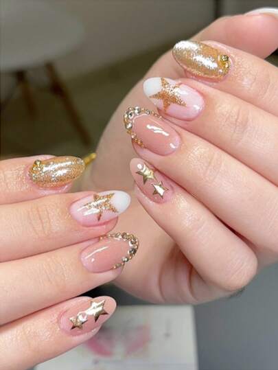 Y2K Star Acrylic Nails 10Pcs Holographic Medium Almond Shape Press On Nail Tips,DIY Art Gold 3D False Nail Set With Gold Diamond Accents,Suitable For Girls And Women As Nail Accessories For Everyday Wear And Holiday Party Decorations Or Gifts