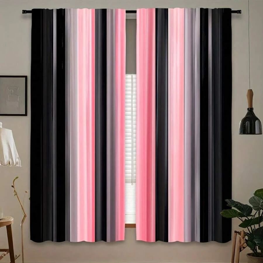 2D Flat, 2D Printing 2pcs, Elegant Black & Pink Gradient Curtains - Polyester, Light Filtering Rod Pocket Drapes For Bedroom, Living Room, Office - Semi-Transparent, Fashionable Home Decor With Sleek Black Rods, Office Window | Modern Curtains |, Dec - 2pcs - 查看 1