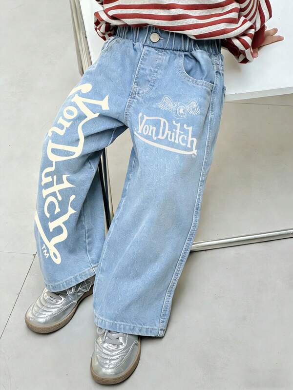 Von - Retro "Eyeball & Wings" Letter-Print Jeans | Light Blue Loose Wide-Leg Trousers | Kids' Streetwear Pants