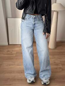 (Algodón Disponible) Vaqueros Rectos Sueltos de Estilo Vintage para Mujer, Pierna Recta, Casual Otoño - Lavado ligero - Ver 1