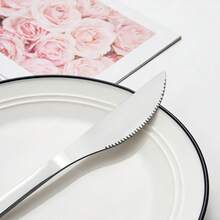 24pcs Pink Handle Stainless Steel Cutlery Set, Modern Tableware Set For 6 People, Including Steak Knife Fork Spoon, Suitable For Household Daily Use, Parties, Weddings - Pink Silver - View 4