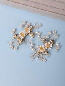 2pcs/Set Orange Flower Center Pearl Hair Clips, Hair Accessories - Gold - View 3