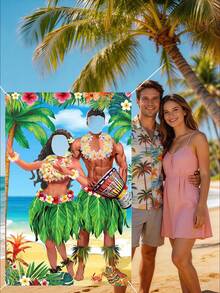 1pc Oversized Hawaiian Photo Prop Banner, Hawaiian Summer Photography Background, Hawaiian Themed Party Decor, Tropical Luau Couple Doorway Curtain Decor, Hawaiian Party Decorations, Fabric Luau Photo Booth Backdrop, Aloha Tiki Background For Beach Party - A - View 2