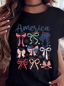 Women's "America Loves Treasured Precious" Patriotic T-Shirt With Bow, Independence Day/Quarter-July Celebration Clothing, Stars And Stripes Design In Red, White, And A - 黑色 - 查看 2