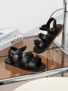 1双黑色软皮幼儿/小女孩平底凉鞋，圆头蝴蝶结，可调节鞋带，防滑软底，适合3-12岁女孩，日常、海滩穿着，2026春夏款 - 黑色 - 查看 3