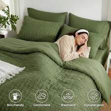 Queen Comforter Set 7 Pieces Olive Green Seersucker Bed in a Bag with Comforter and Sheets All Season Bedding Sets with 1 Comforter 2 Pillow Shams 2 Pillowcases 1 Flat Sheet - 01 Verde oliva - Ver 4