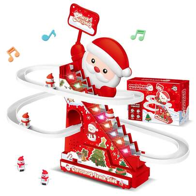 Juguete eléctrico de Papá Noel con pista de deslizamiento y escaleras automáticas - Juego de pista con luces LED, música y movimiento, tobogán rojo de Navidad con escaleras, para interior/juego para niños y niñas, juego de fiesta navideña, construcción duradera, fácil montaje, regalo de Navidad ideal para el desarrollo de habilidades motoras y juego activo