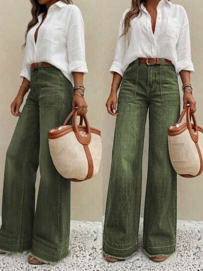 New Women's High-Quality Fashion Casual Loose Fit Denim Wide Leg Pants, Comfortable Fit, Suitable For All Seasons, Daily Stylish Outfit Spring