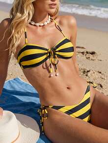 Bộ bikini 2 mảnh kẻ sọc thanh lịch không lưng kèm phụ kiện mặt dây chuyền đính hạt, bộ bikini đi biển. - Nhiều màu - Xem 7