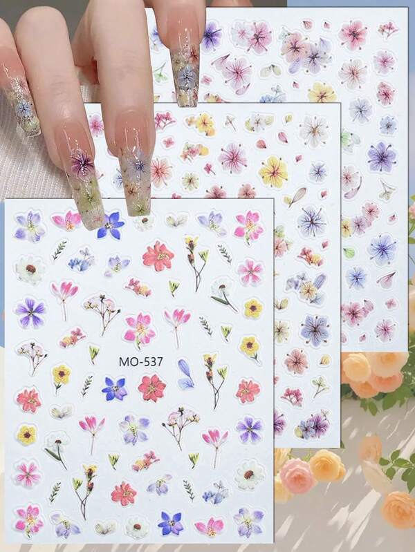 3/6片装 5D立体浮雕花朵美甲贴纸，逼真花卉美甲贴花，适合春夏美甲设计