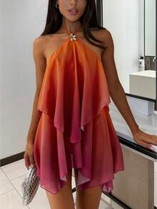 Women's Gradient Halter Mini Dress, Layered Ruffle Hem Dress For Summer Club Nights  Party Outings - trái cam - Xem 1