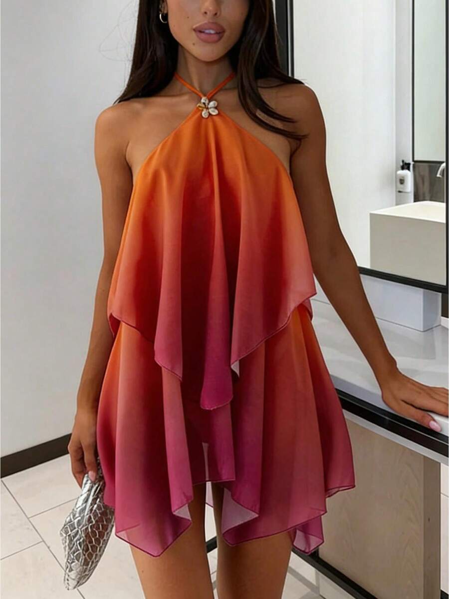 Women's Gradient Halter Mini Dress, Layered Ruffle Hem Dress For Summer Club Nights Party Outings - trái cam - Xem 1