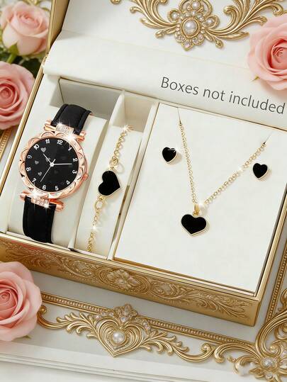 Women's Watch, Women's Watch Set Glamorous, Fashionable Round Case With Rhinestone Embellishment Pu Strap Pair With Heart-Shaped Necklace, Earrings, And Bracelet Jewelry Set Perfect For Everyday Wear Ideal Gift For Birthdays, Back-To-School Season, Thanksgiving, And Couples' Occasions