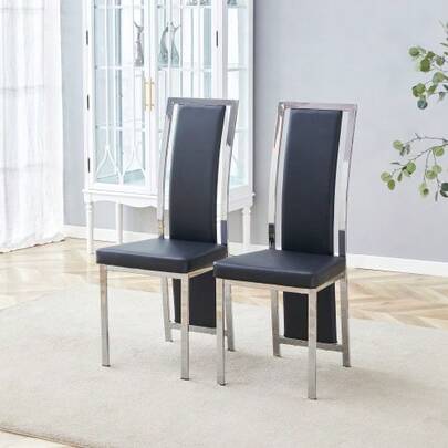 Set Of 2 Minimalist European Dining Chairs With Silver Finishes. Black Faux Leather Upholstery And Shiny Silver Metal Frame. Height: 109 Cm. Suitable For A Variety Of Uses, Including Dining Rooms And Offices.