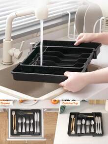 餐具抽屉收纳盒，可伸缩厨房用具托盘，厨房用品分类收纳，防尘餐具抽屉分隔盒，多功能收纳盒，厨房抽屉收纳盒，适用于餐具、叉子、勺子等。 - 彩色 - 查看 8