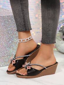 Women's Fashion Wedge Heel Slippers, Soft Bottom Bowknot Rhinestone Comfortable Casual Slip-On Sandals - Black - View 4