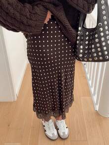 Women Satin Lace Trim Midi Skirt Polka Dot Print High Waist Long A-Line Skirts Vintage Silk Going Out Dress Y2k Streetwear Party Clubwear - 棕色-A - 查看 3