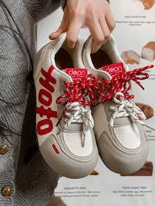 2026春季新款复古系带厚底运动鞋，女款，仿皮撞色休闲运动鞋 - 紅色 - 查看 1