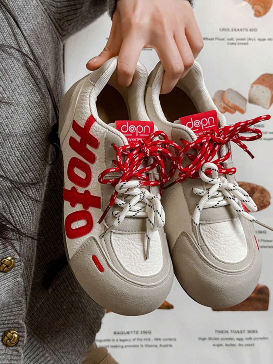 2026春季新款复古系带厚底运动鞋，女款，仿皮撞色休闲运动鞋 - 紅色 - 查看 1