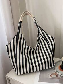 一件装黑白条纹帆布大容量敞口休闲单肩包，适合女性日常通勤。 - 彩色 - 查看 11
