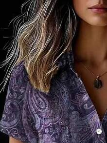 Plus Size Women Retro Cashew Flower Print Button Down Short Sleeve Shirt Blouse Vacation Summer - Purple - View 4