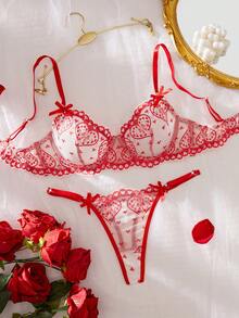 2pcs/Set Women's Sexy Lingerie, Red Lace Floral Bra Set With Adjustable Straps - Red - View 1