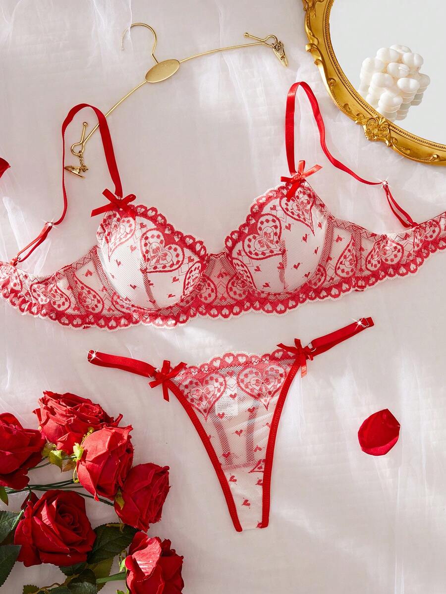 2pcs/Set Women's Sexy Lingerie, Red Lace Floral Bra Set With Adjustable Straps - Red - View 1