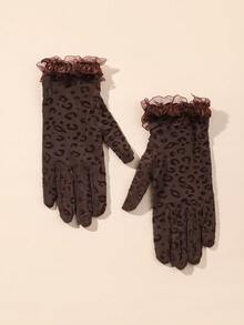 豹纹网眼手套，女士透明动物纹全指手套，复古时尚手套，日常复古蕾丝袖口手套，蕾丝手套，白色手套，手套，茶会帽和手套，茶会手套，优雅手套，女士蕾丝手套 - 豹紋 - 查看 6