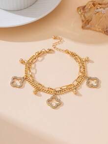 1条甜美清新夏日度假风闪亮金色四叶草吊坠双层脚链，适合海滩、旅行、晚宴佩戴 - 金黃色 - 查看 3