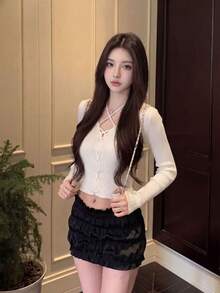 Sexy Pure Desire V-Neck Long Sleeved Knitted Top Slim Fit Short Style Hot Girl Sweater - White - View 1