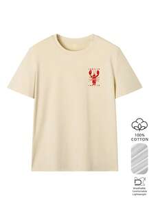 This Loose Drop-Shoulder Cotton Tee Has A Lobster Stamp Print. Retro Preppy Style, Comfy And Ideal For Daily Commutes And Leisure Outings. Casual - Apricot - View 3