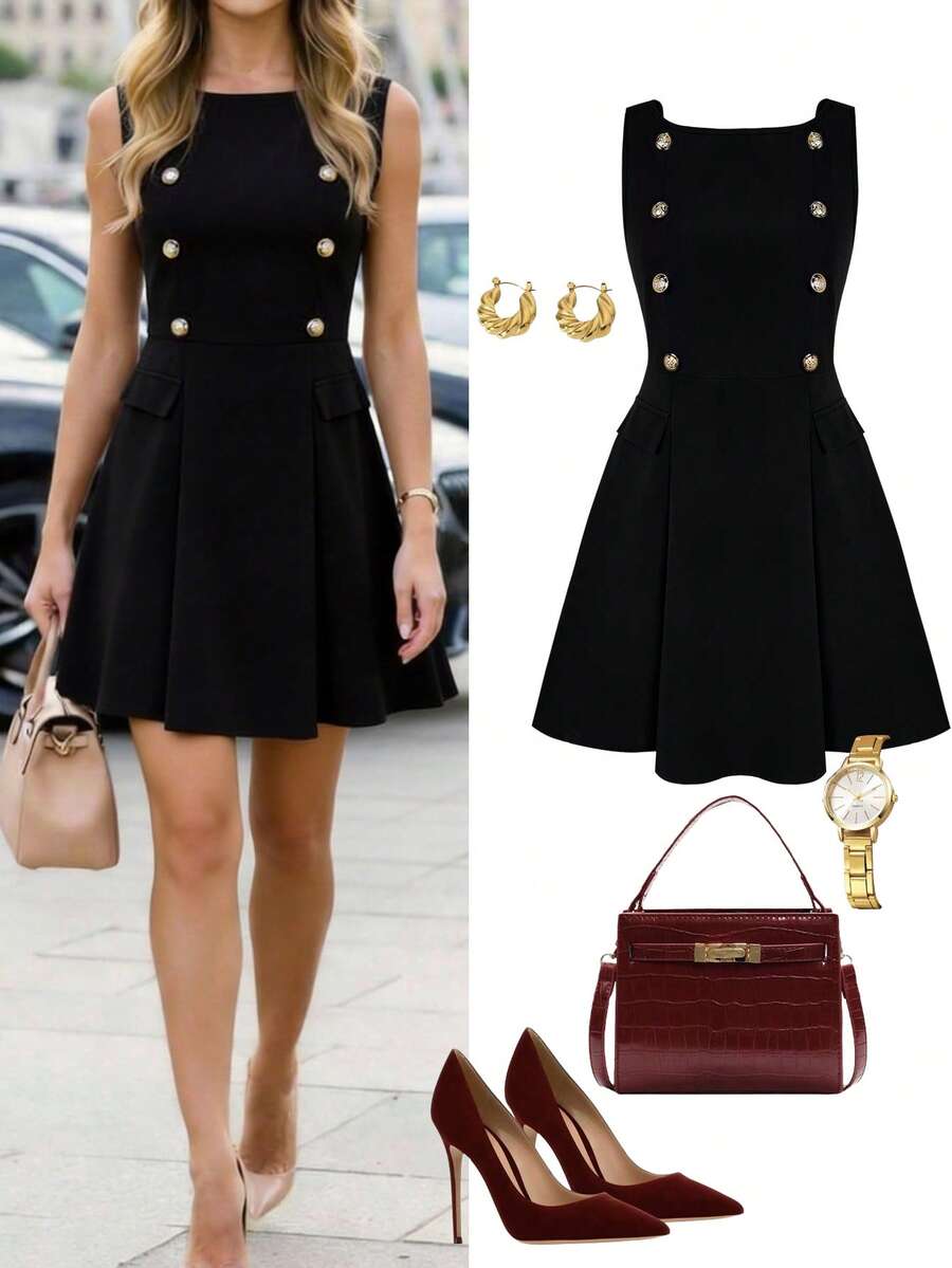 Latest Summer Sleeveless Black Casual Vacation & Commute Fashion Double-Breasted Button Decor Dress For Women, Elegant Business Style Date Dress