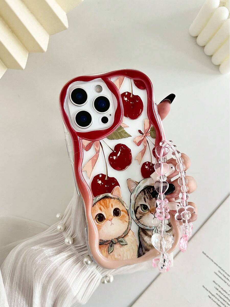 奶油色波浪边亮面樱桃猫彩绘防摔手机壳，配串珠手链配件，兼容 17 Pro/17 Air/17/17 Pro Max/16/11/16 Pro/16 Plus/16 Pro Max/16 e/15 Pro Max/13/14/12/XS/XR/7G/8P，Galaxy A17/A07/S26/S26 Plus/S26 Ultra/S25/S25 Plus/S25 Ultra/A16/A36，11/12 Pro/12/12 X/13 Pro/14 Pro/15 Pro，10/9/Note9/12c/Note11 Pro/Note8 Pro - 彩色 - 查看 1