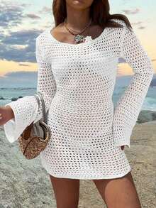 Vestido corto de manga larga con diseño transparente y espalda descubierta, unicolor, sexy y apropiado para la playa y vacaciones, primavera/verano, color blanco - Blanco - Ver 6