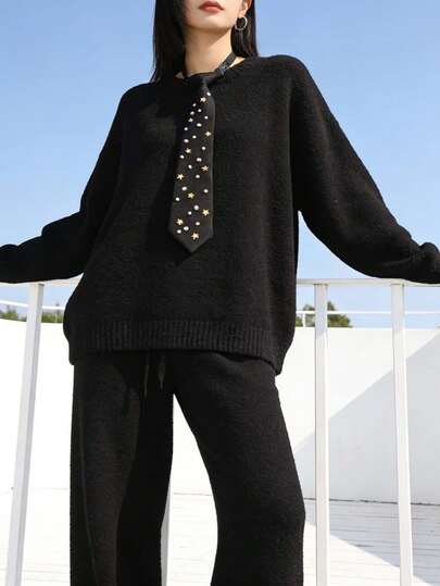 Cà vạt satin đen Design Sense Niche đính sao vàng, ngọc trai và đá pha lê, dành cho người lười biếng, không cần mặc áo sơ mi, thích hợp cho lễ hội và du lịch.