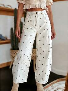 Women's 2026 Polka Dot Barrel Jeans Curved Sword Pants Boyfriend Y2K Casual Wide Leg Mid Rise Denim Pants - 棕色 - 查看 1