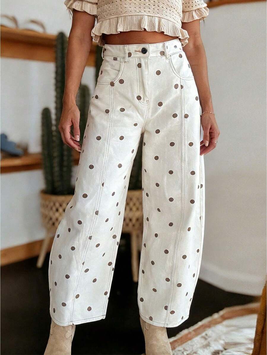 Women's 2026 Polka Dot Barrel Jeans Curved Sword Pants Boyfriend Y2K Casual Wide Leg Mid Rise Denim Pants - 棕色 - 查看 1