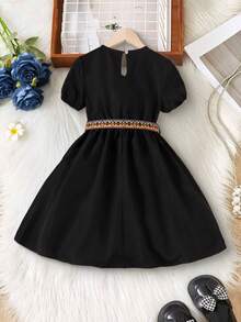 Girls' Casual Fashionable Waist Cinched Cute Sweet Dress, Spring/Summer - Black - View 2