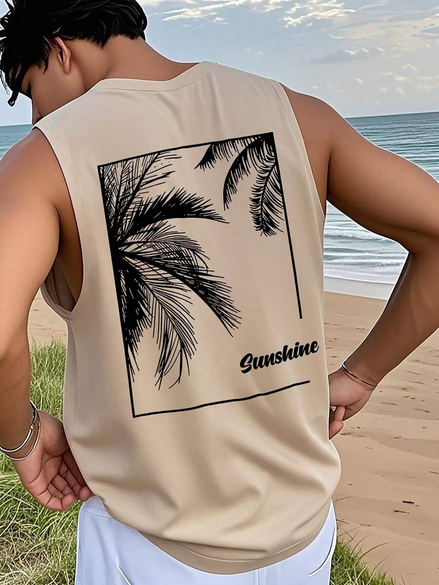 1 chiếc áo tank top nam mùa hè kiểu dáng thường ngày in hình cây dừa và tiếng Anh, cổ tròn - Màu be - Xem 1