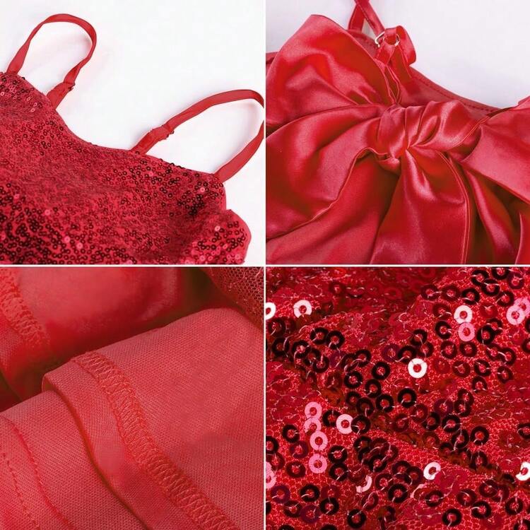 Girls Sequin Formal Dress Kids Party Special Occasion Fancy Gown Tie Back 3 Layer Prom Graduation Outfit - Red - View 7