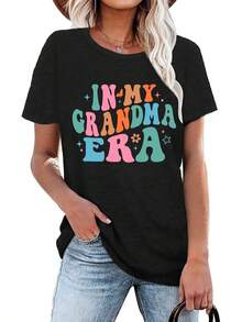 Grandma Shirts Women Grandmother Heart Printed Tshirt Floral Mama Casual Tee Mother Short Sleeve Top ShirtSoft Fabric,Fashion Plus Size Women's Clothing - 黑色 - 查看 2