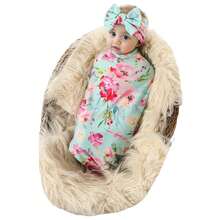 Receiving Blanket Headband Set Flower Print Baby Swaddle Blankets - Baby Blue - View 1