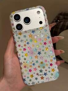 可爱Y2K风格彩色波点星星渐变图案手机壳，适用于 17 Pro Max、17 Pro、16 Pro Max、16、17、15、14 Plus、13、12 Pro Max、11，闪亮箔面质感软壳保护套 - 星星 - 查看 3