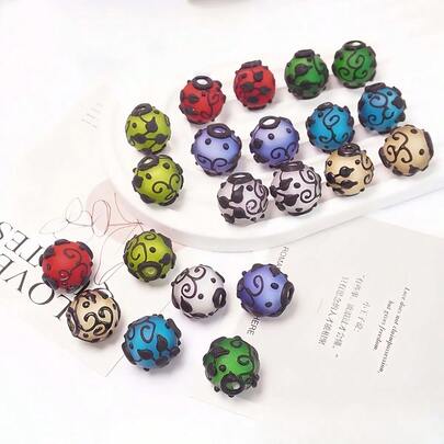 2/3/5颗随机混色手工玻璃釉珠，哑光磨砂圆形复古图案手绘珠，莫兰迪混色，DIY手链项链首饰制作材料