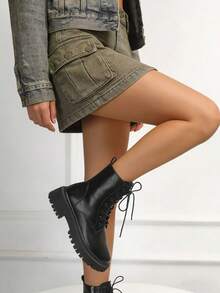 女士时尚踝靴，休闲侧拉链系带工装靴 - 黑色 - 查看 8