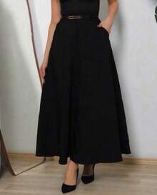 Women's Long Full Skirt, Tailored, Evangelical Fashion, Casual, Basic, Winter, High Waist, Elegant - 黑色 - 查看 4