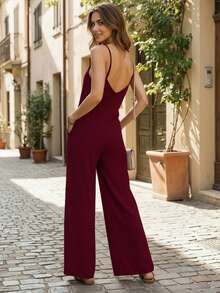 Women's Spring Summer Sexy Solid Straps Elephant Leg Jumpsuit - Vino - View 4