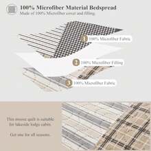 Plaid Quilt Set Queen Size Lightweight Bedspread Set Grey Brown White Patchwork Quilts Reversible Coverlet with 2 Pillow Shams Soft Microfibers for All Season - Cuadros grises y marrones - Ver 7