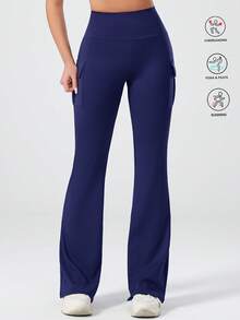 High Waist Slim Fit Flared Yoga Pants With Pockets, Casual Sports Trousers For Women Spring - Navy Blue - View 3