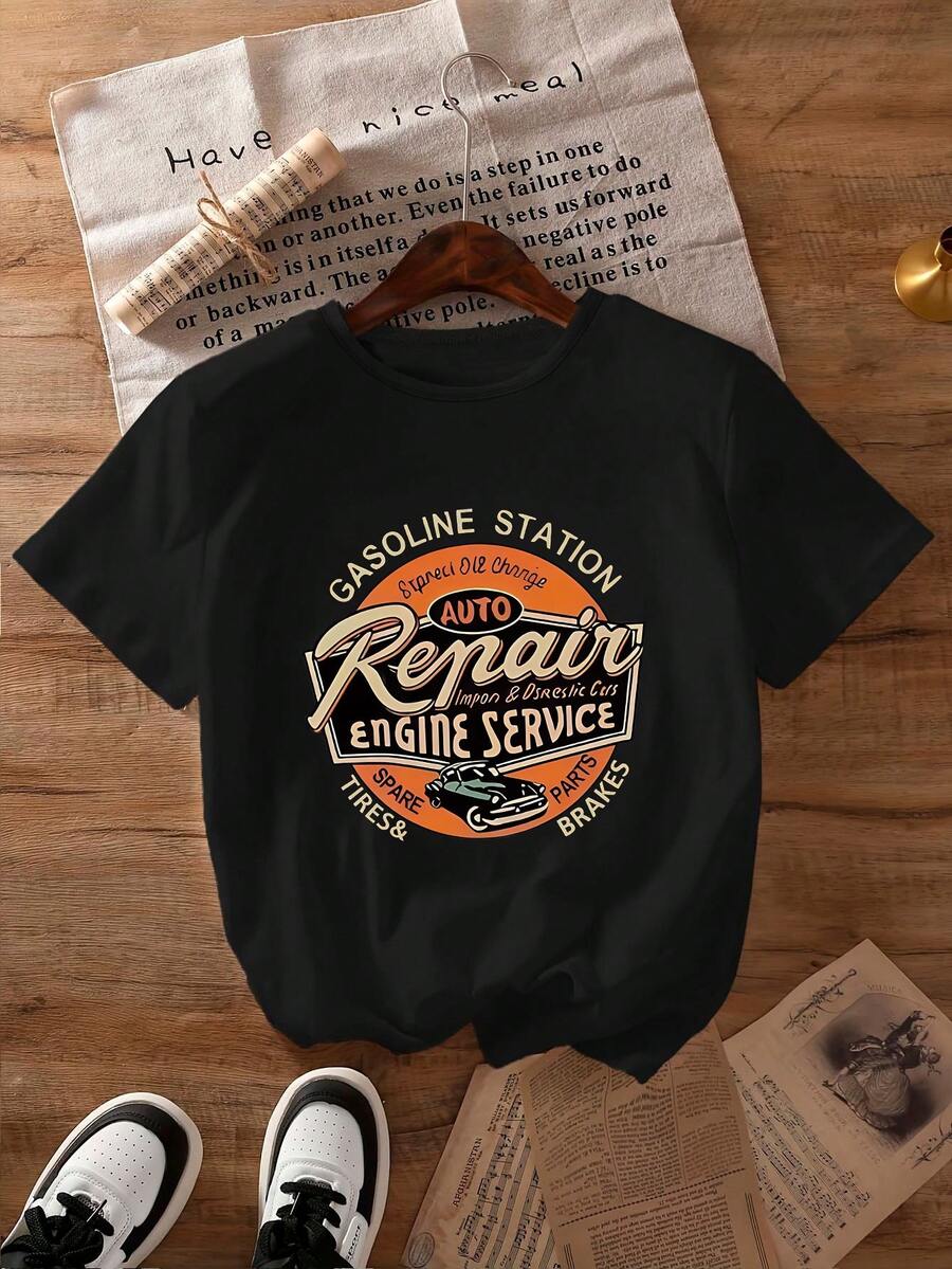 Damen Lässiges Retro Amerikanisches Autowerkstatt Abzeichen mit abgenutzter vintage handgeschriebener Schrift Rundhals Kurzarm Relaxed T-Shirt, geeignet für Frühling, Sommer, Herbst - Schwarz - Übersicht 1